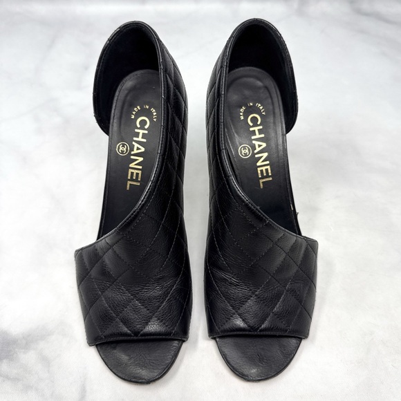 CHANEL Quilted Leather Open Toe D'orsay Side Cut Out Ankle Bootie Heels Black 37 - Picture 3 of 16